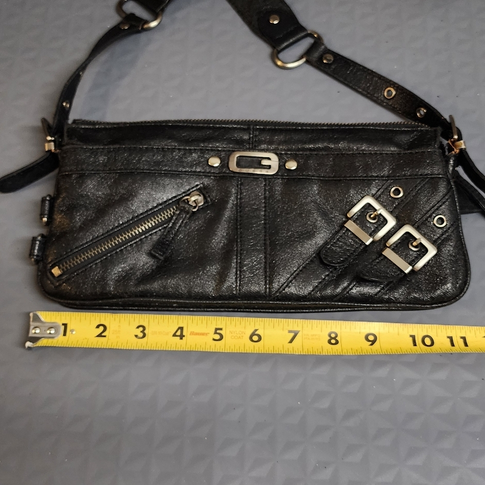 Guess vintage shoulder bag purse leather black w brn animal print lining buckles - Picture 9 of 12